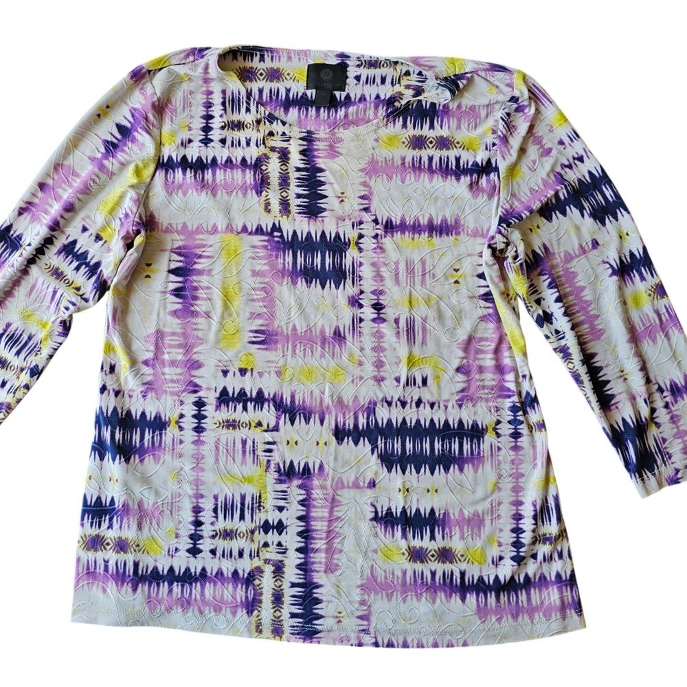 JM Collection Womens Petite Small Purple Yellow Abstract Ikat 3/4 Sleeve Top EUC